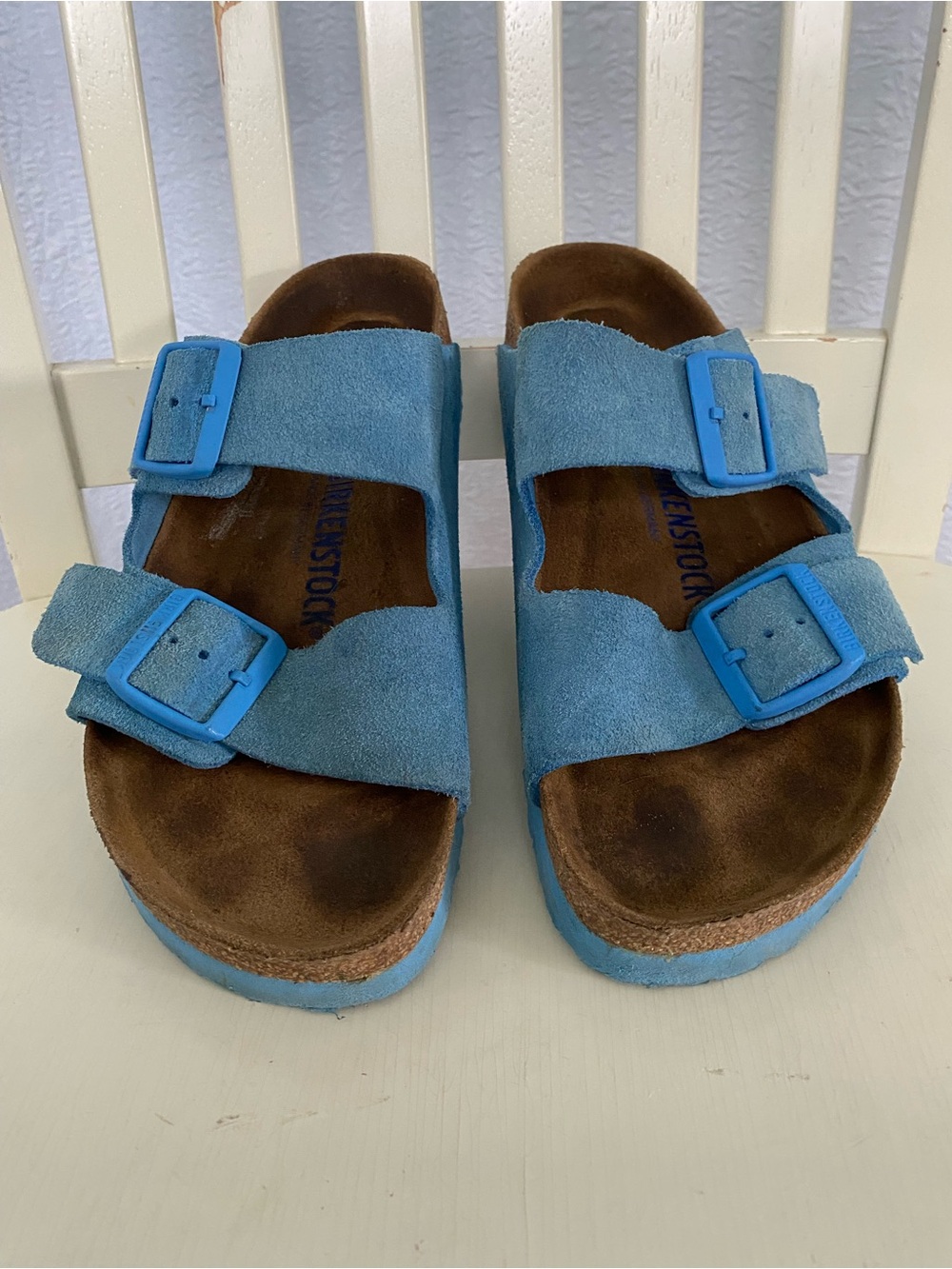 Birkenstock Arizona Two-Strap Suede Softbed Sandals in Blue